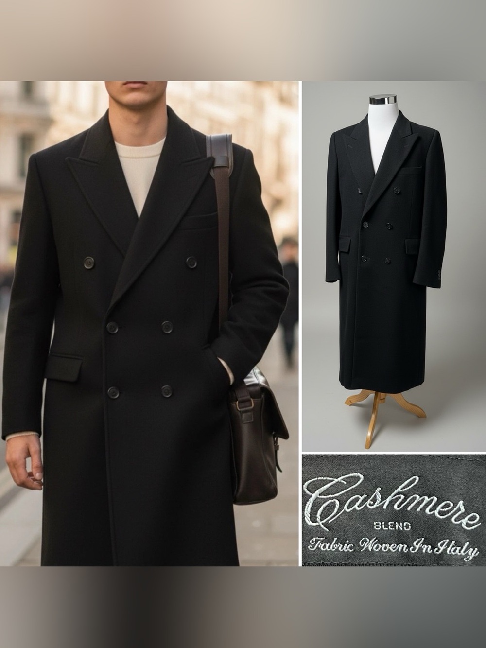 Men’s 40L Black Cashmere Double Breasted Overcoat Vintage Ron Chereskin Coat